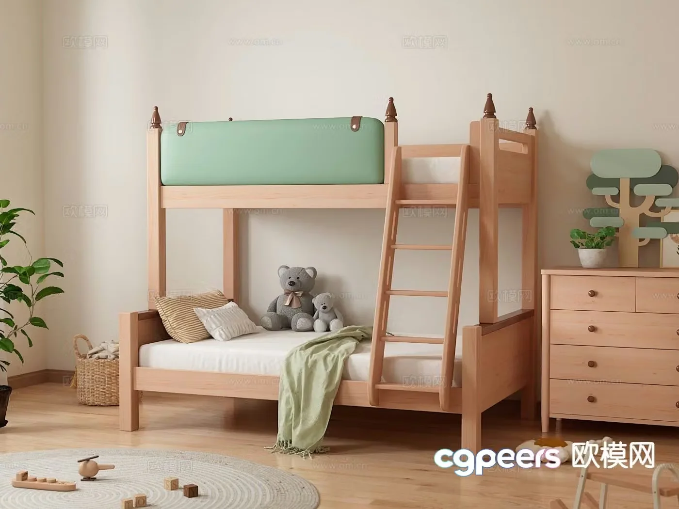 Log children’s bunk bed 3d model