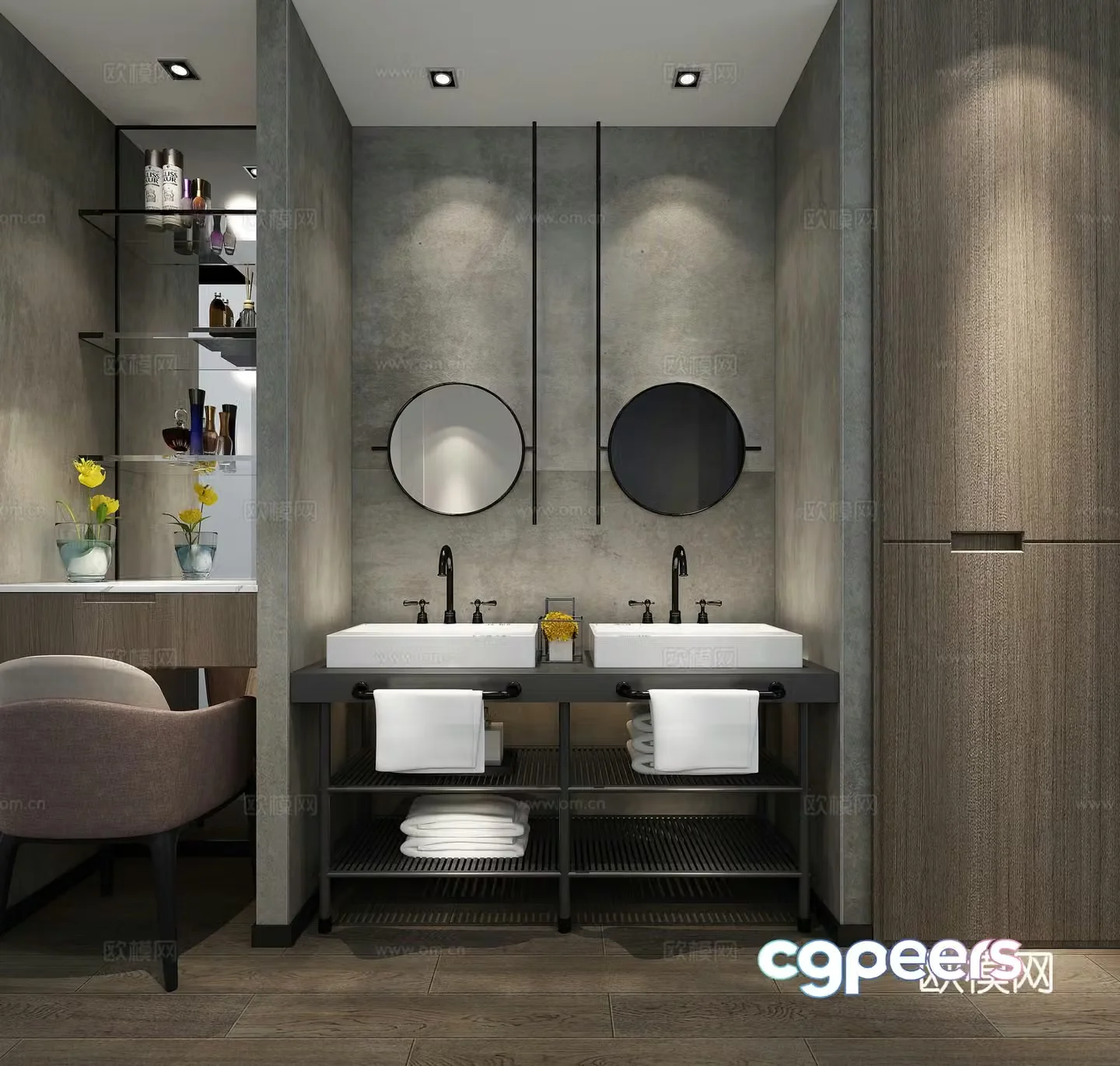 Modern cloakroom Dressing table Absorbing table Cabinet Wood floor Wood veneer Cement wall 3d model