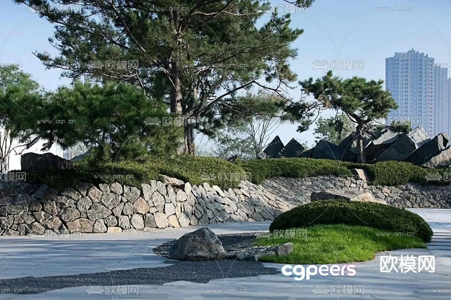 Park landscape rough stone retaining wall small scene 3D model