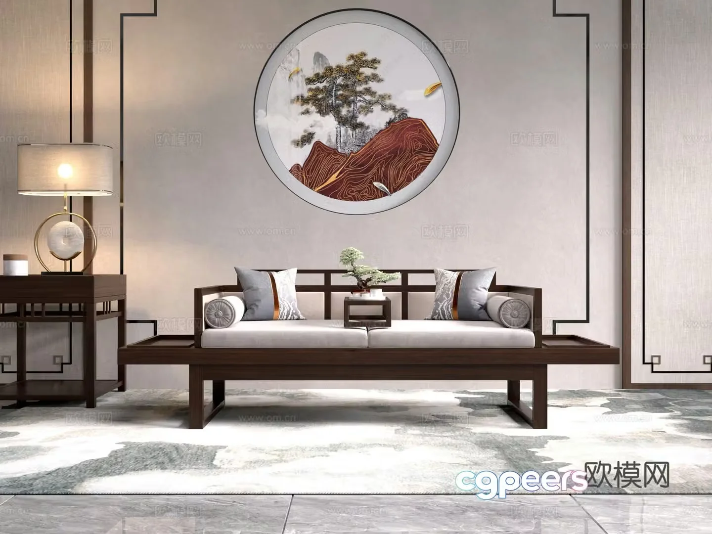 New Chinese style Arhat bed Sofa background wall Jewelry ornaments Side table Carpet 3D model
