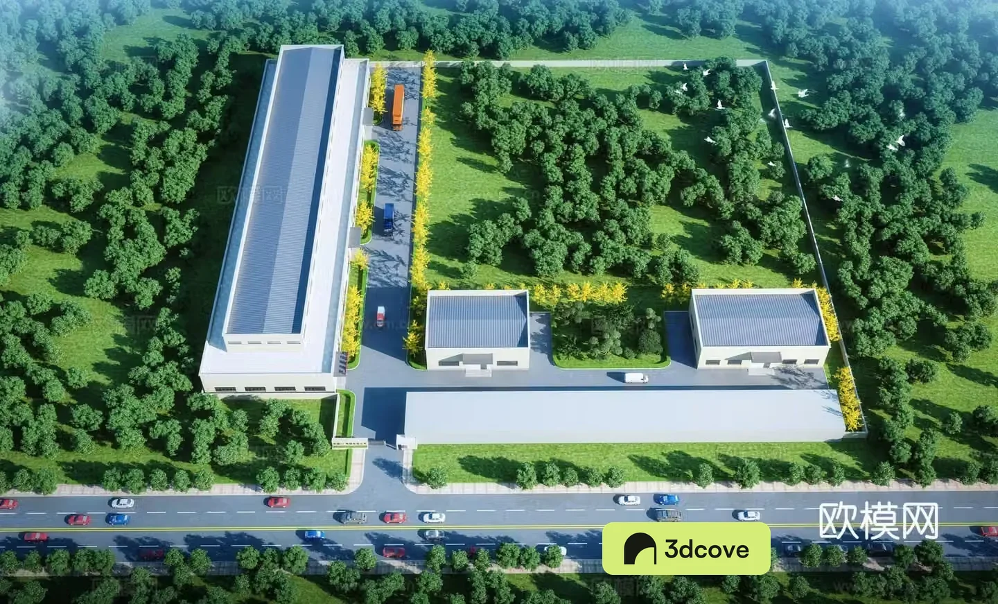 Aerial view 3d model of modern factory building