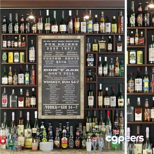 3ds Max Free – Showcase in the bar with a collection of strong alcohol and cocktails. Alcohol