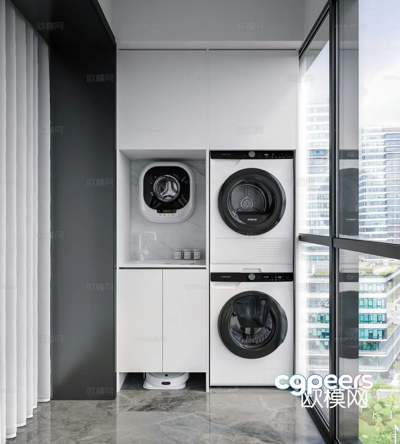 Modern balcony cabinet washing machine cabinet living balcony black and white gray balcony balcony laundry table 3D model