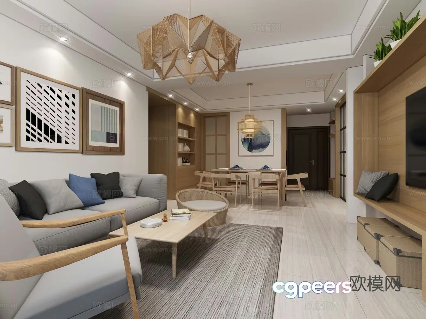 Minimalist Japanese living and dining room Japanese chandeliers Japanese dining tables and chairs Japanese base multi-person sand 3D model