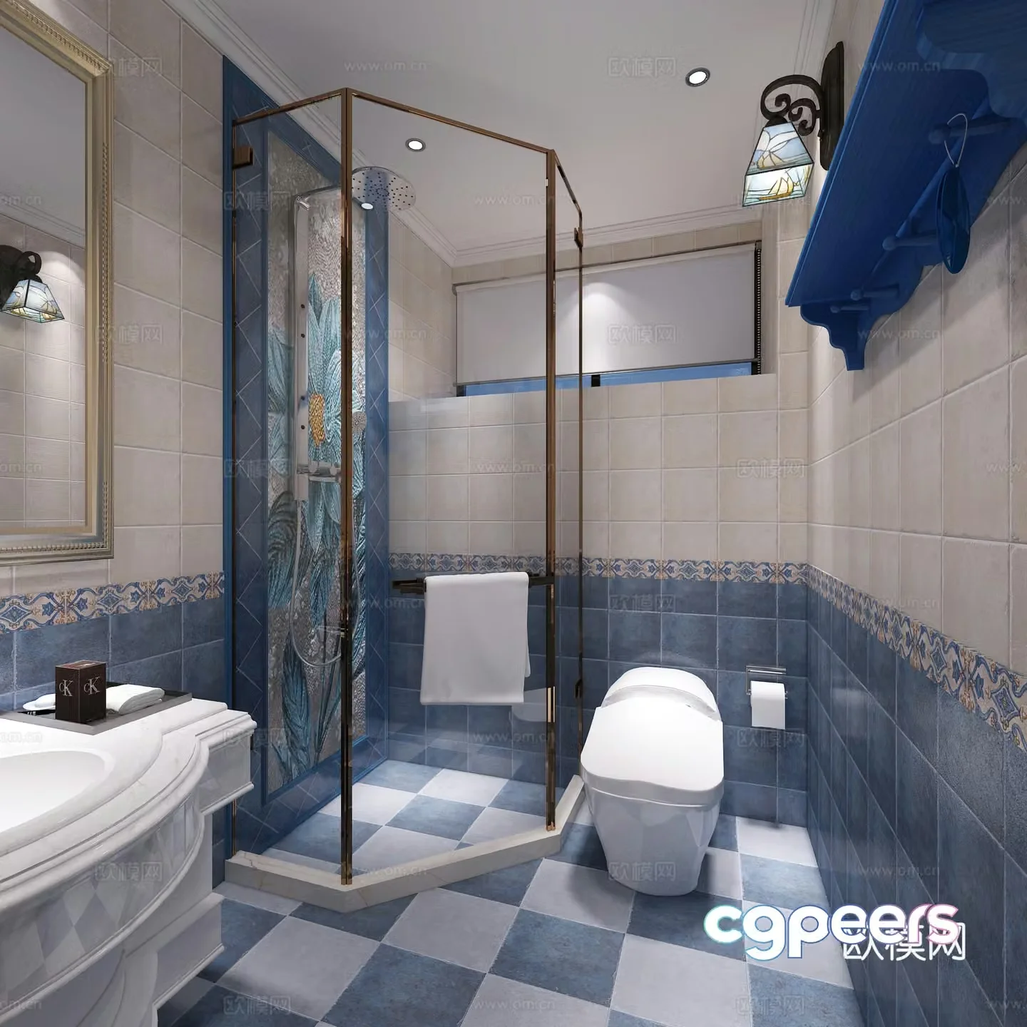 Mediterranean style bathroom shower toilet shower toilet wash basin dressing mirror 3d model