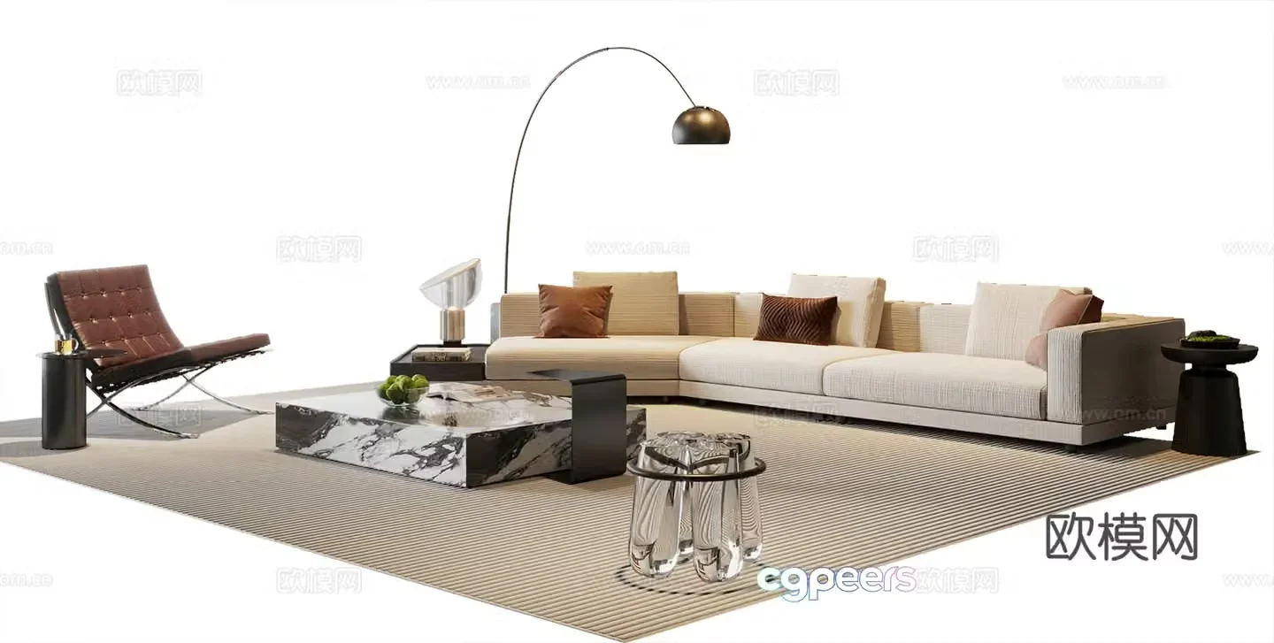 Nowadays simple sofa and coffee table combination leisure chair three-person sofa sofa stool floor lamp 3D model