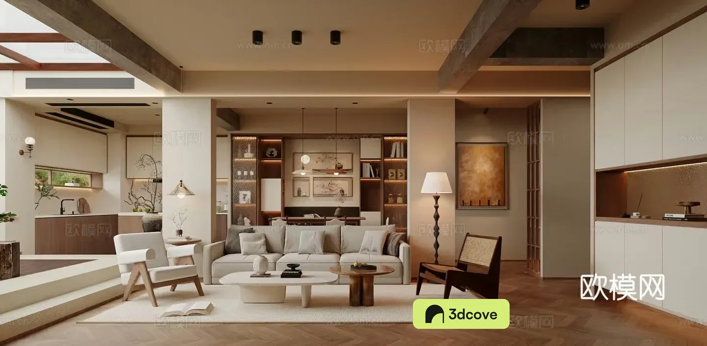Medium style living room restaurant sofa coffee table combination floor lamp single chair hanging painting TV cabinet wall decoration 3D model