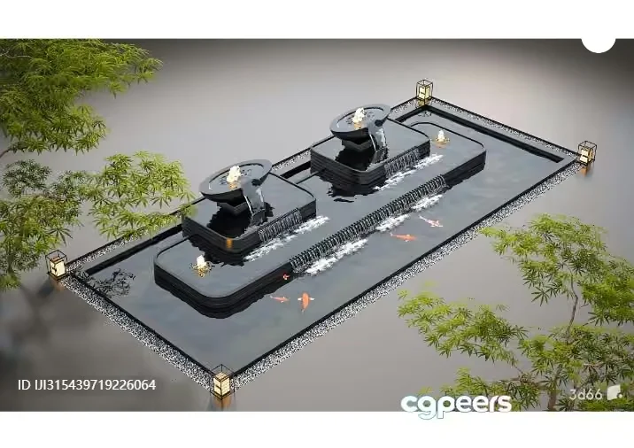 A Serene 3D Rendering Of A Pond With A Fountain 3D Model – 6824 – VRAY Render