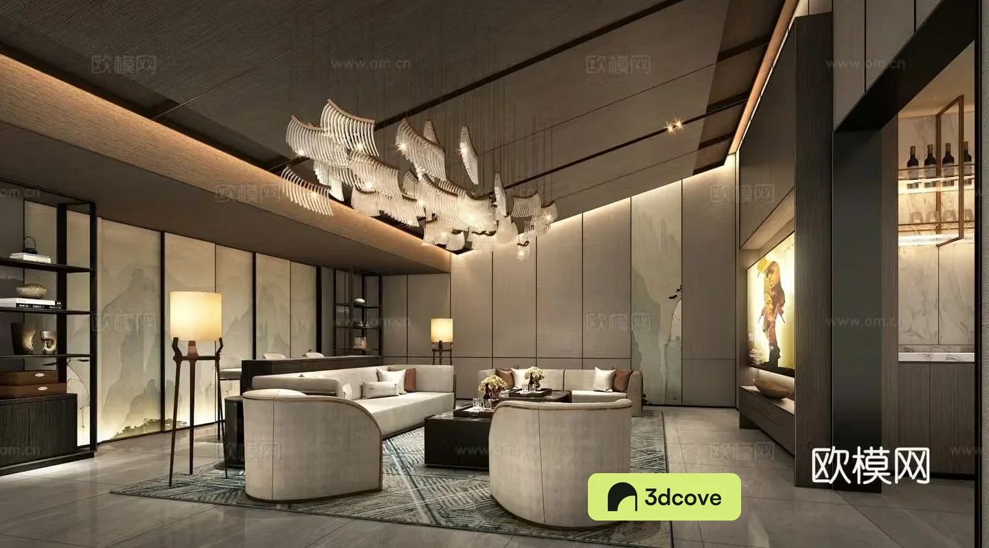 New Chinese-style audio-visual room 3d model of villa audio-visual room