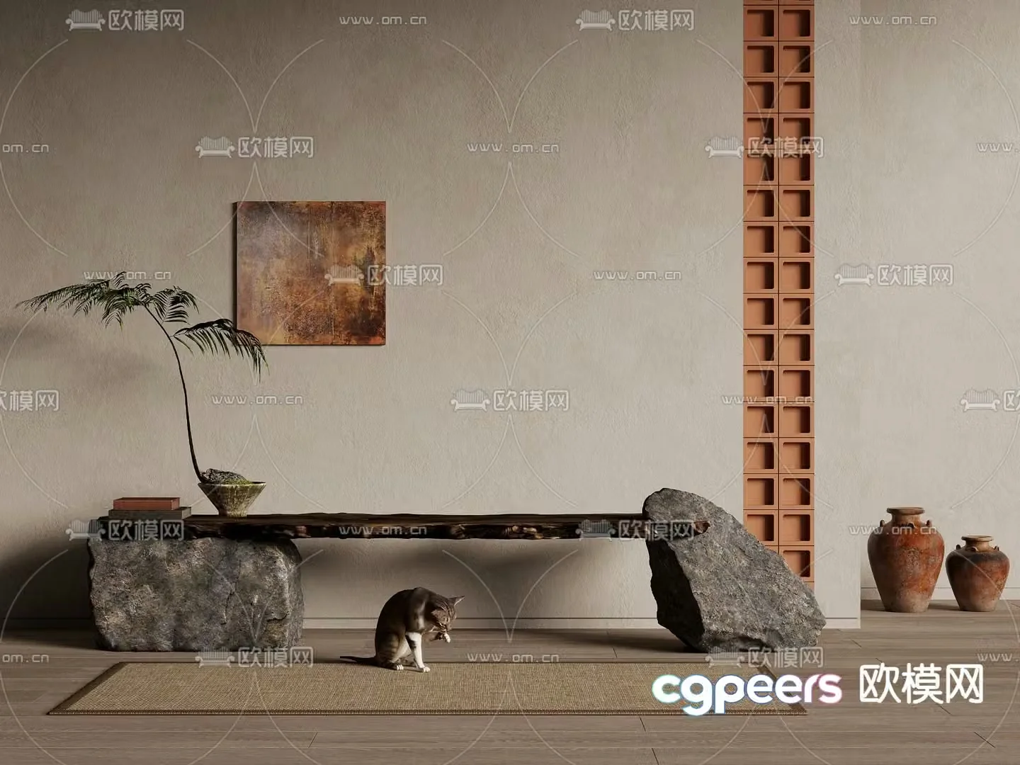 Wabi-sabi style stone stool bench 3d model