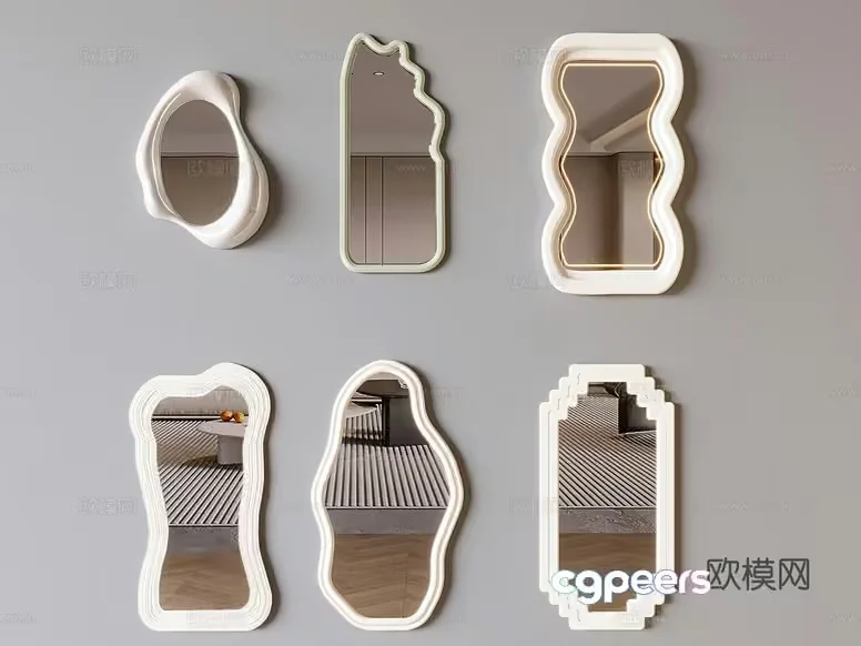 A Collection Of Six White Wall Mirrors With Various Shapes And Sizes 3D Model – 1208 – VRAY Render