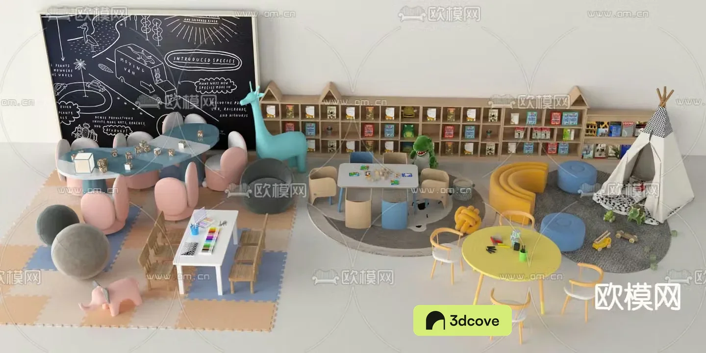 Children’s table and chair bookshelf blackboard wall