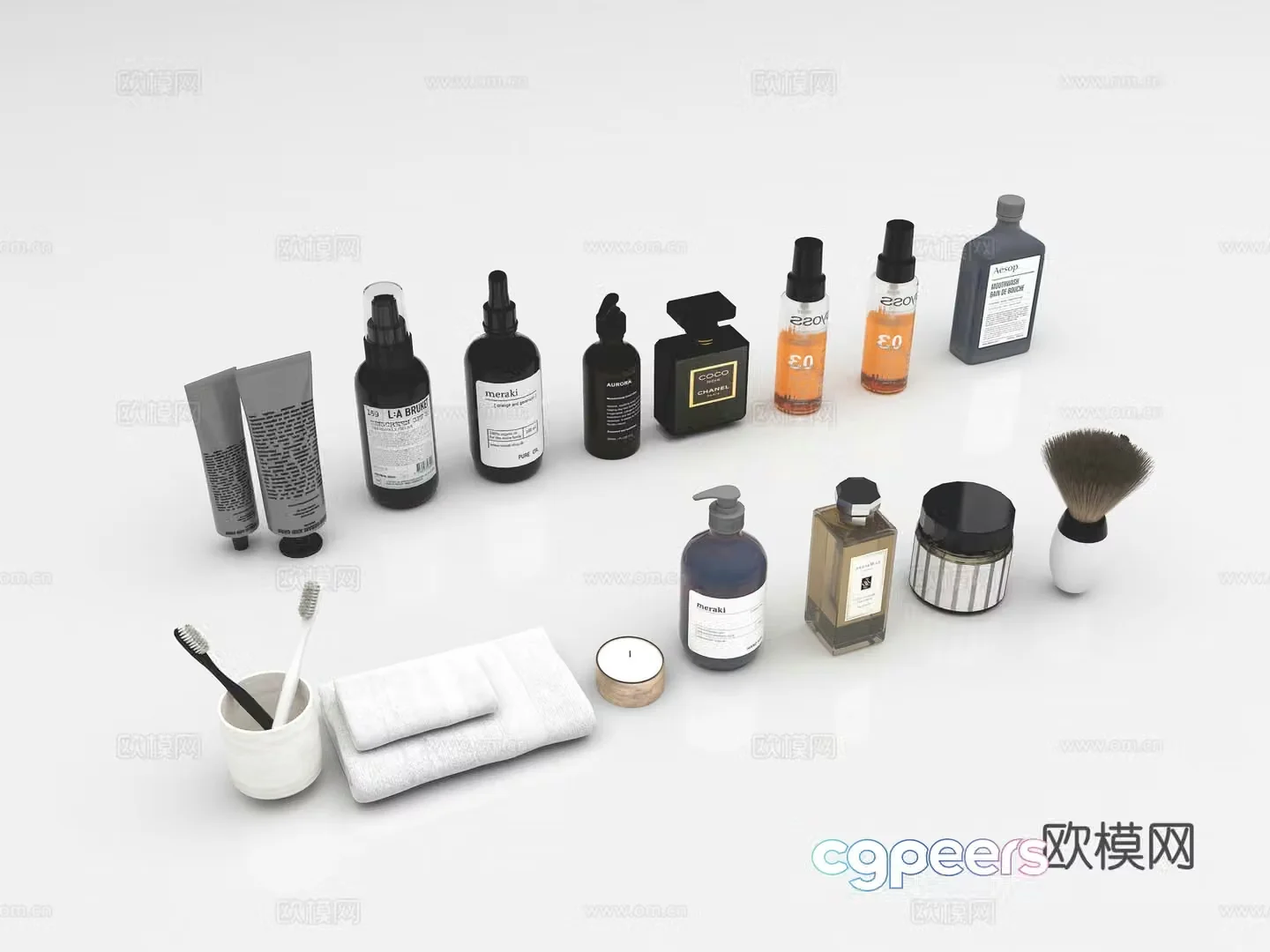 Toiletries cosmetics skin care products facial cleanser hair cream brush 3d model