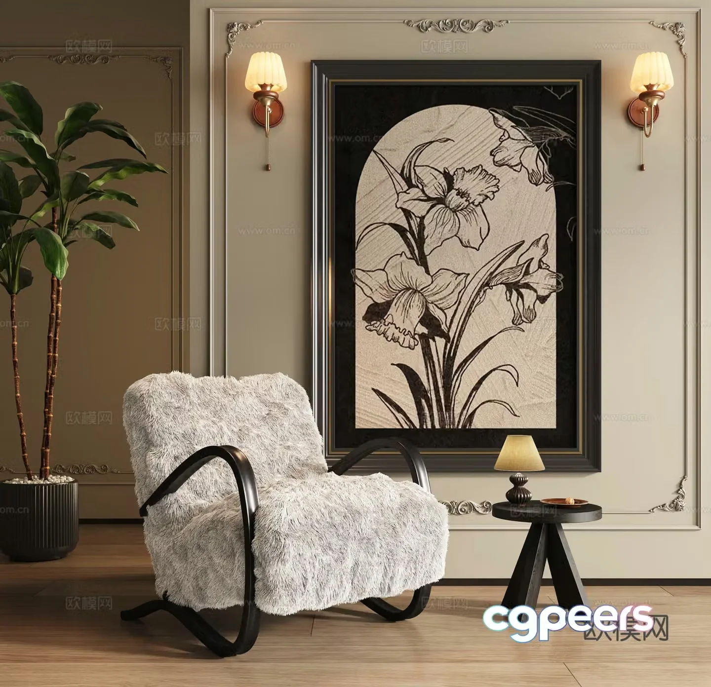 French casual chair plush armchair 3D model