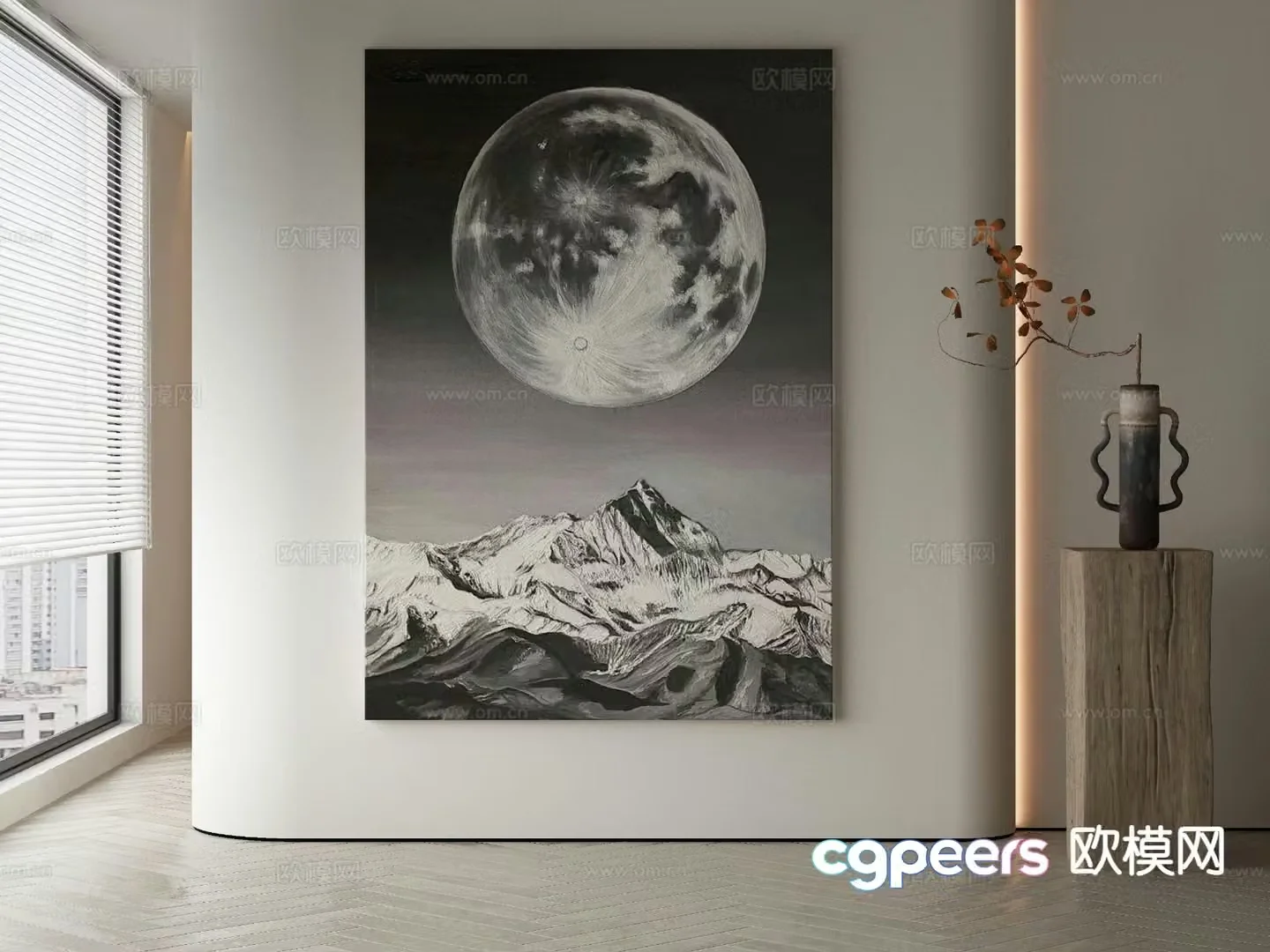 Moon painting sketch black and white decorative painting 3d model