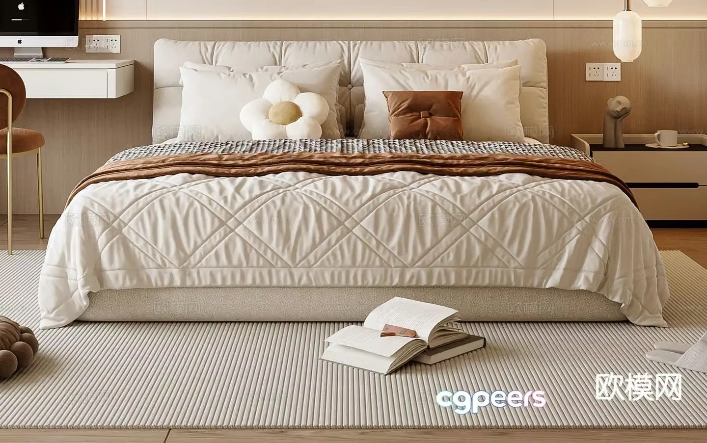 Cream style double bed 3d model