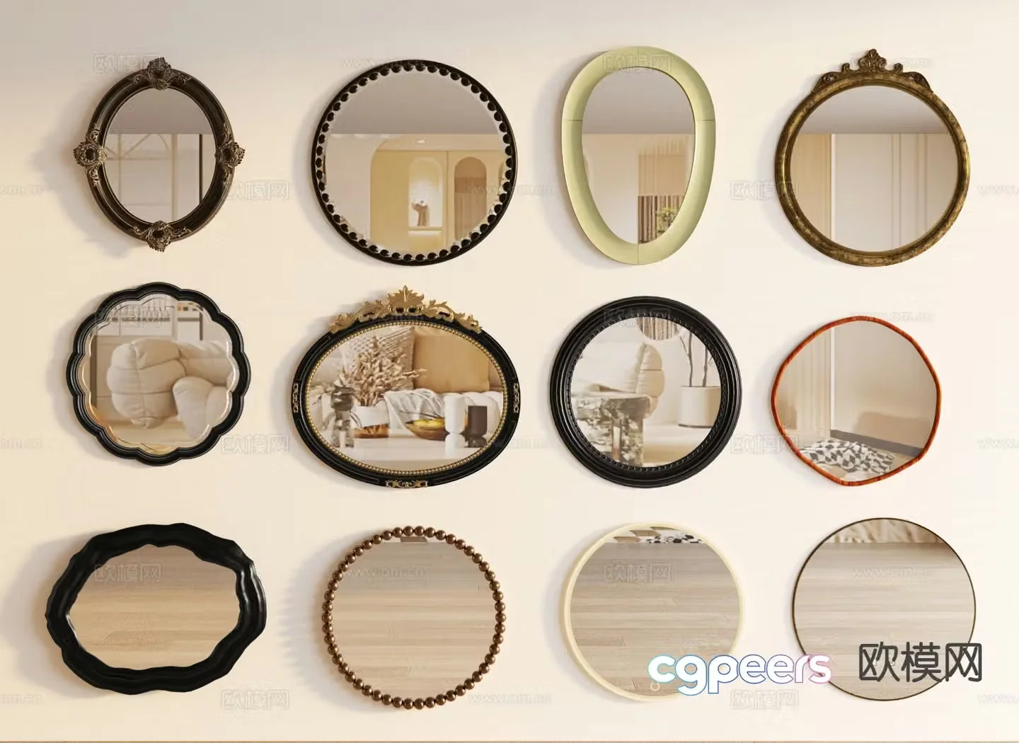 French mirror hanging mirror round mirror 3d model