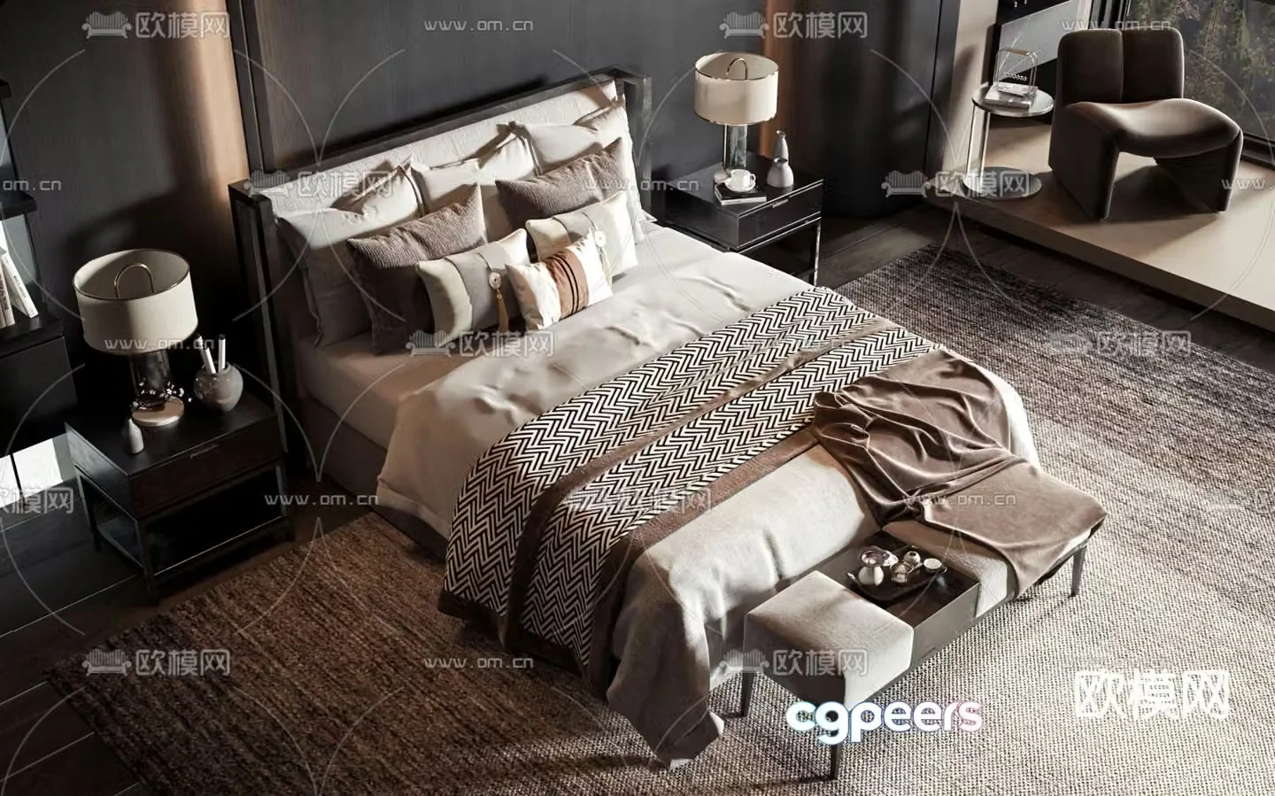 New Chinese style double bed 3d model