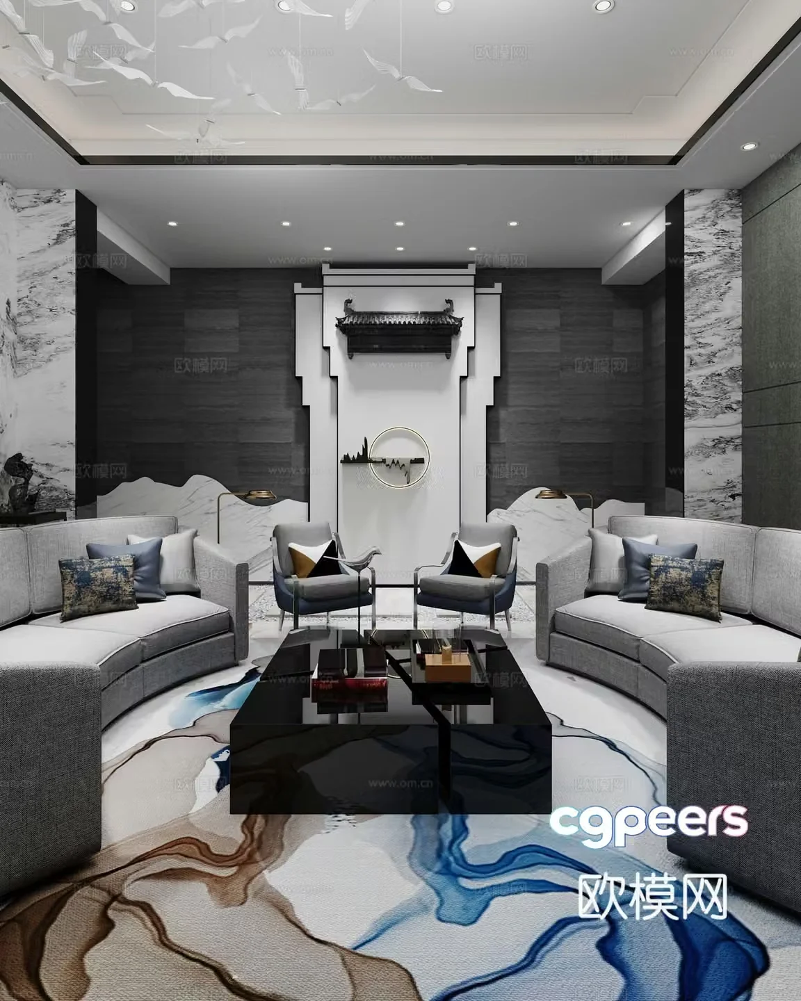New Chinese style living room Chinese style living room coffee table sofa single chair eaves bird light 3D model