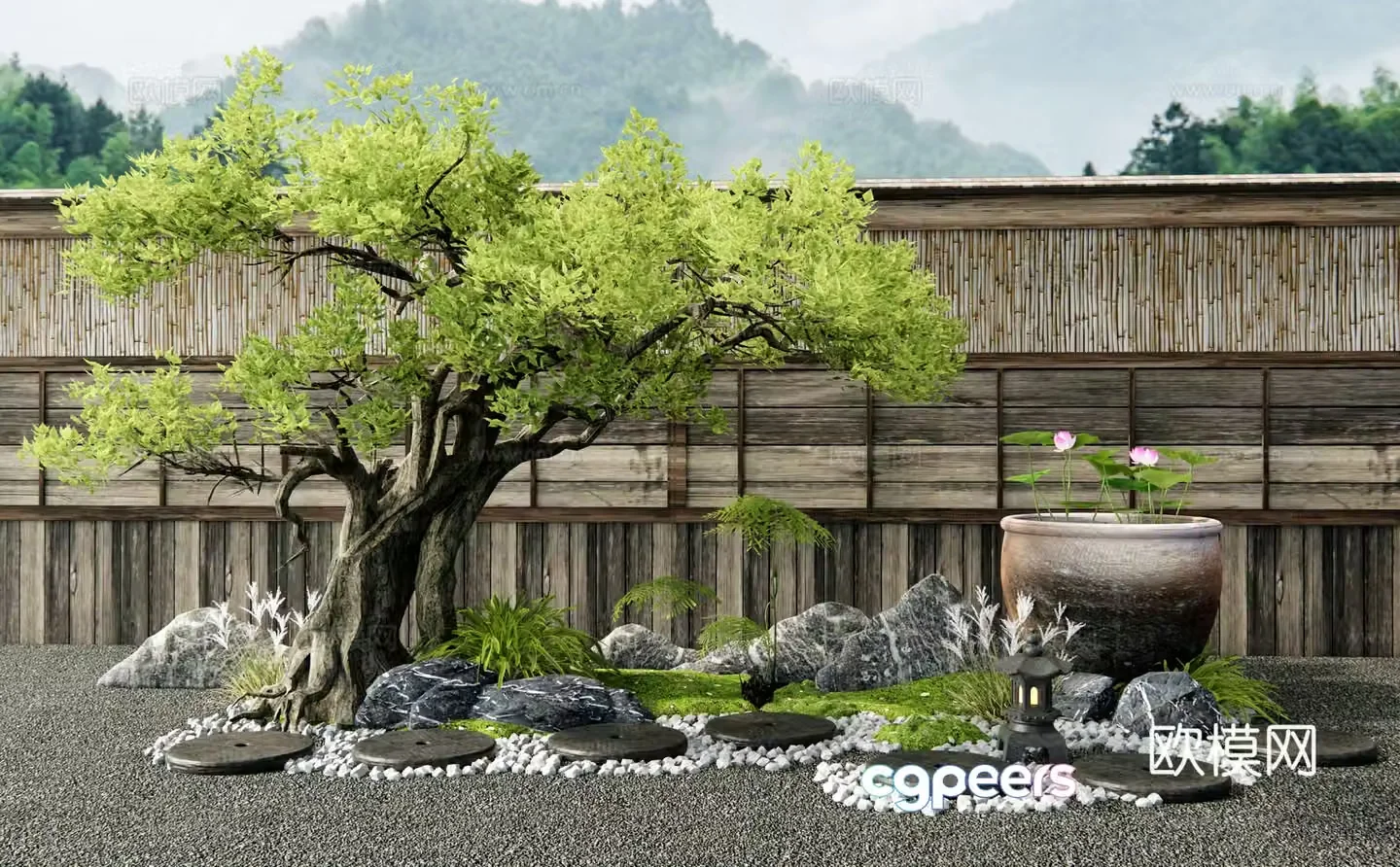 New Chinese style courtyard sketch Tingbu Moss landscape Landscape stone Water tank Landscape tree Shoushan stone 3D model