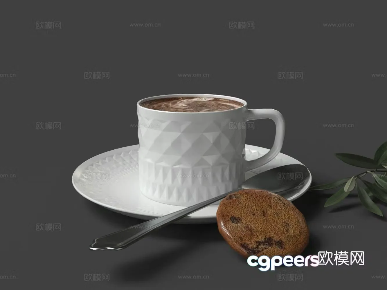 White porcelain carving coffee cup spoon cookies 3d model
