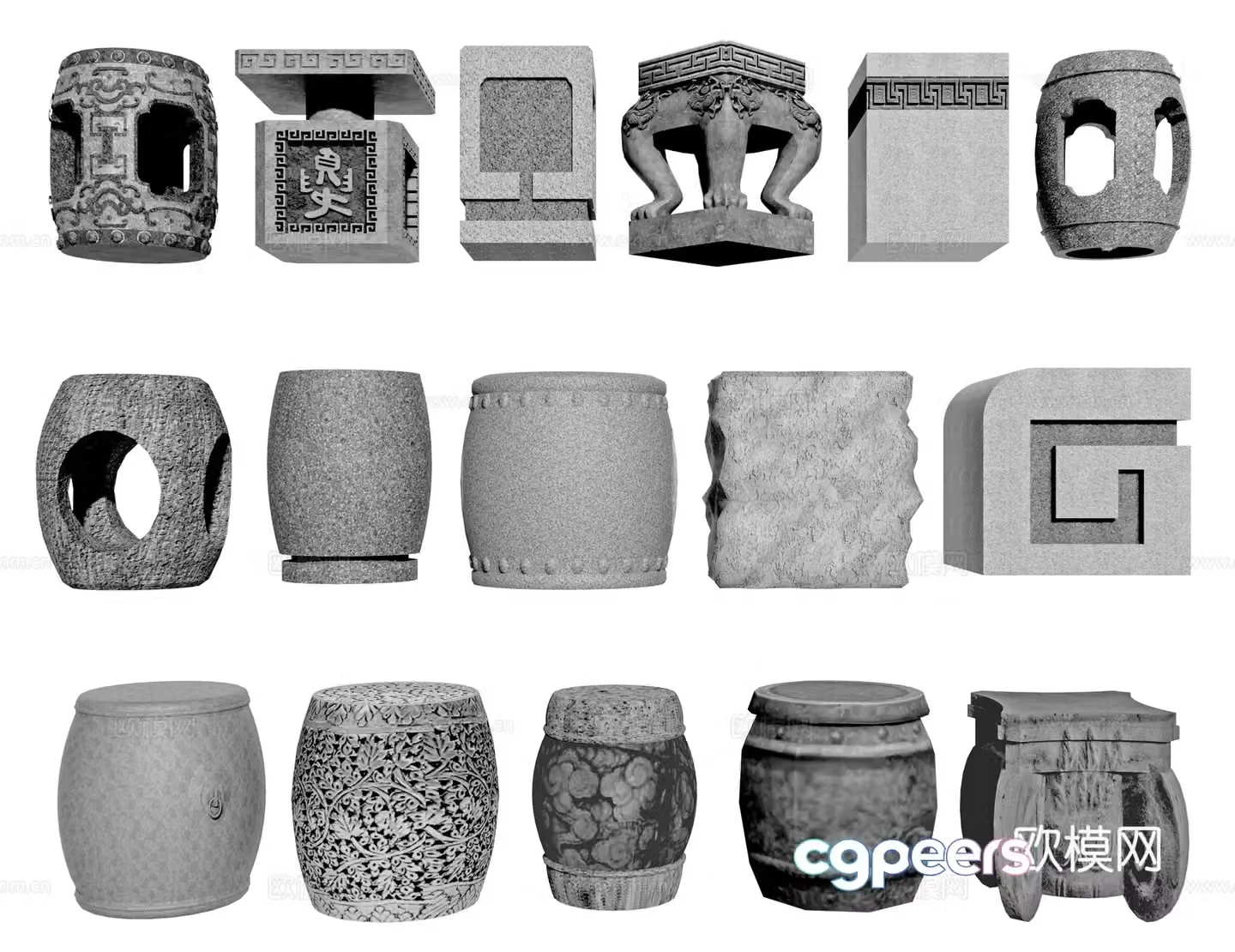 Chinese stone bench round stone stool stone table and chair courtyard stone table and stone bench stone seat stone table 3D model