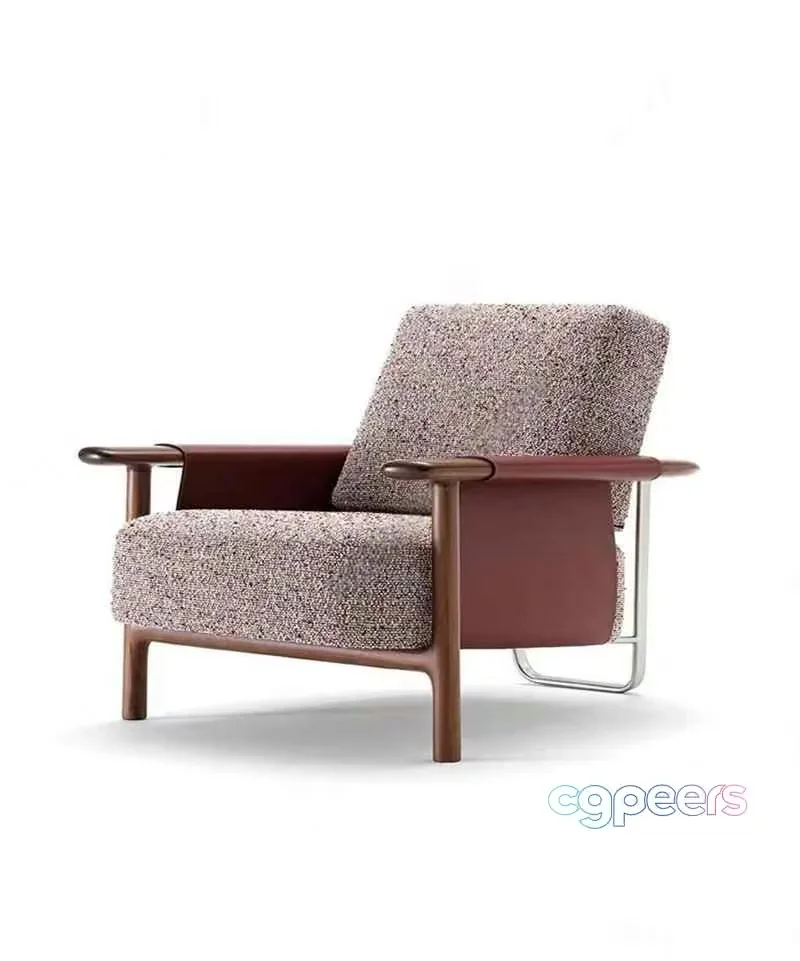 Wooden Armchair With Brown Upholstery 3D Model – 1976 – VRAY Render