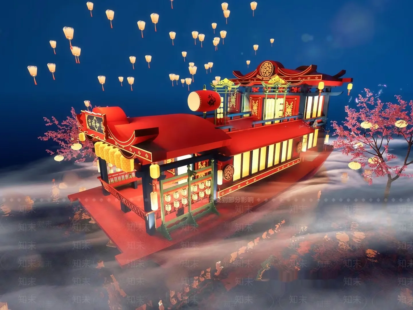 A Chinese-Style Building With Red And Yellow Accents 3D Model – 16392 – VRAY Render