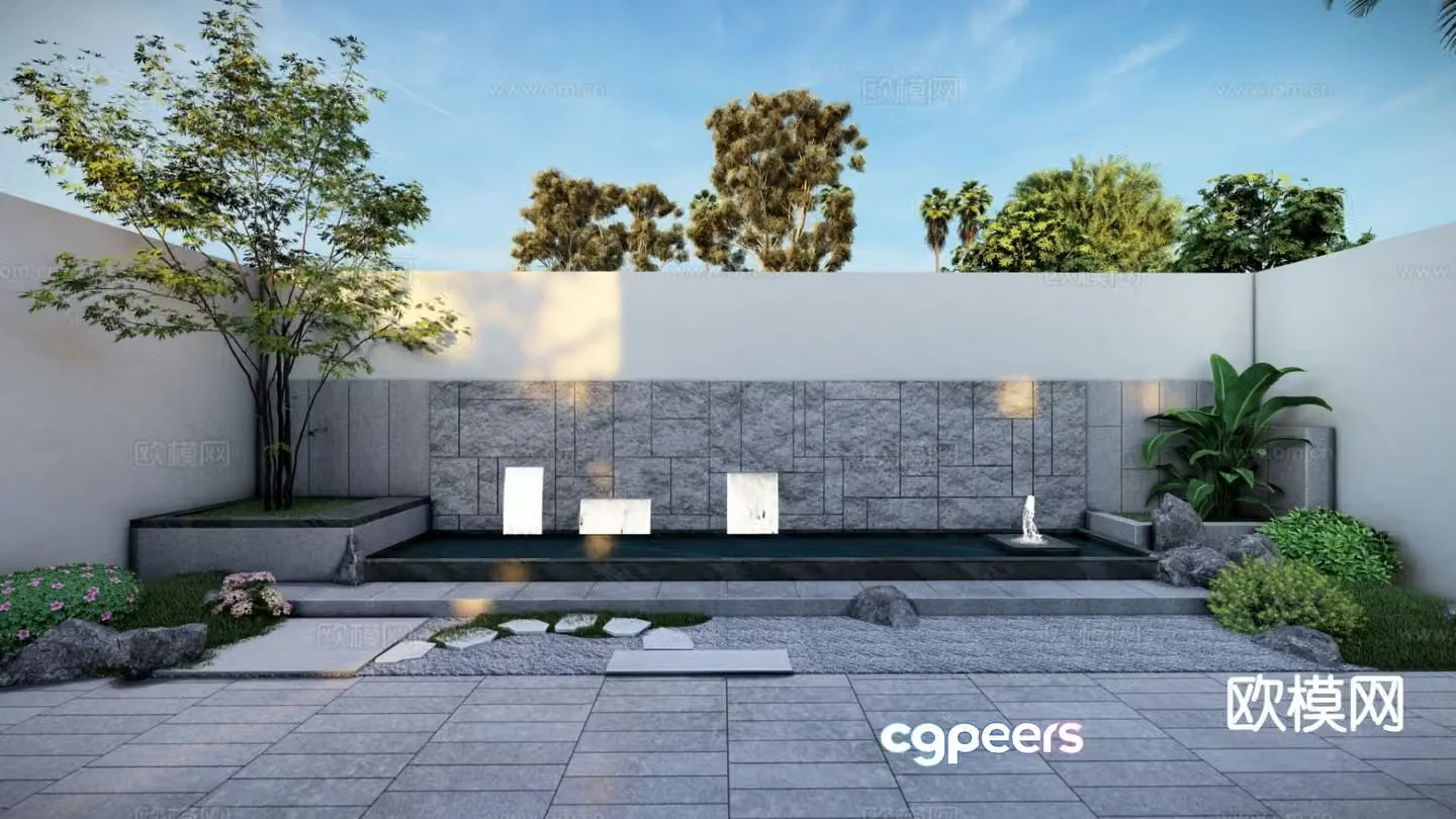Japanese Zen courtyard stacked water feature wall 3D model