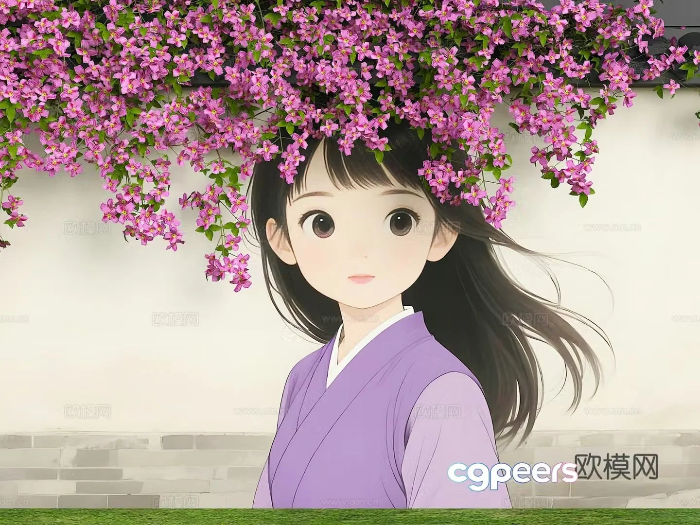 Flower wall fence cartoon wall flower girl hair modern beauty wall wall painting 3d model