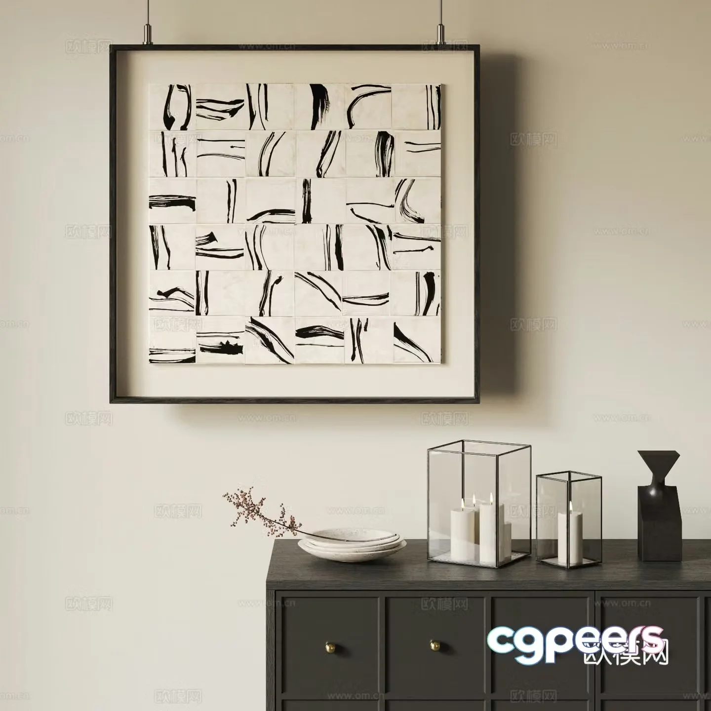Wasabi wind hanging painting decorative painting ornament combination candle ornament abstract painting black and white hanging painting retro 3d model