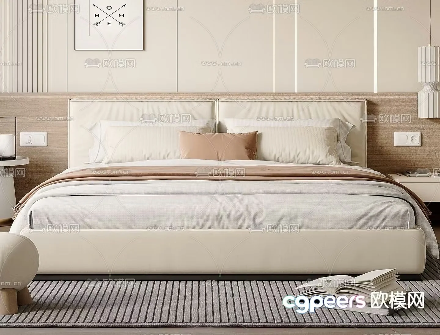 Cream style double bed 3d model