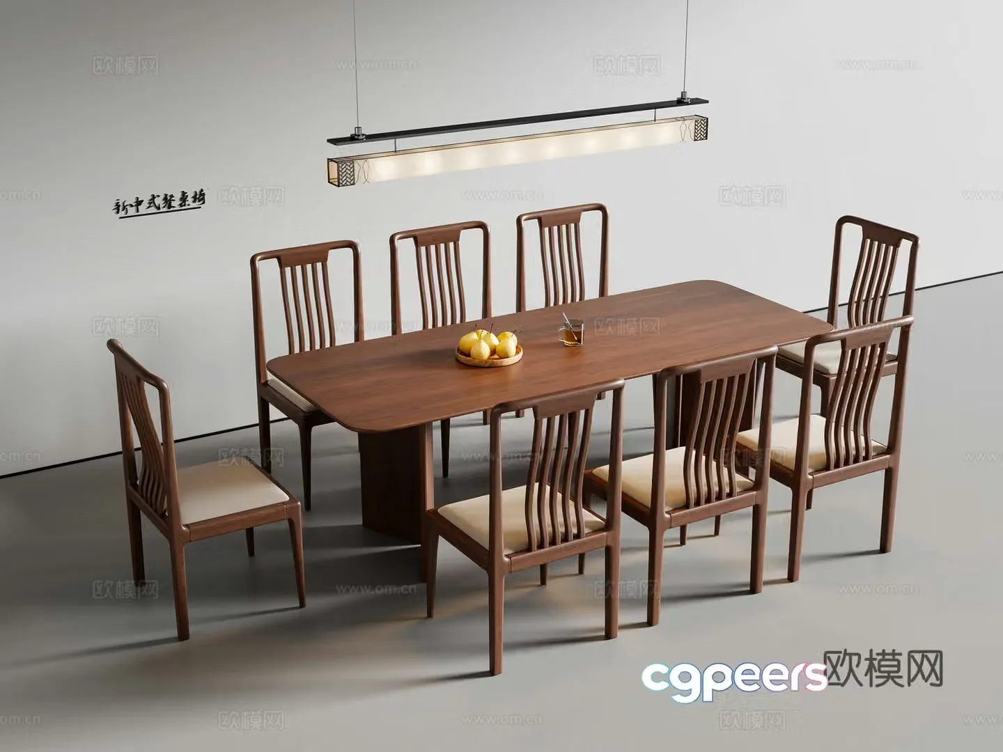 New Chinese dining table and chairs Solid wood dining table Chandelier 3D model