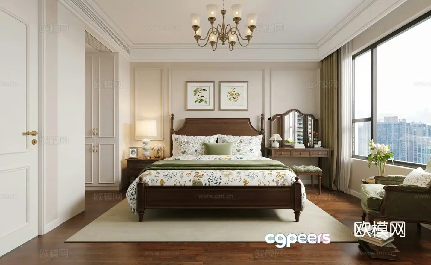 Middle style home bedroom Middle style elder room Second bedroom Middle style bedroom bed bed nightstand 3D model