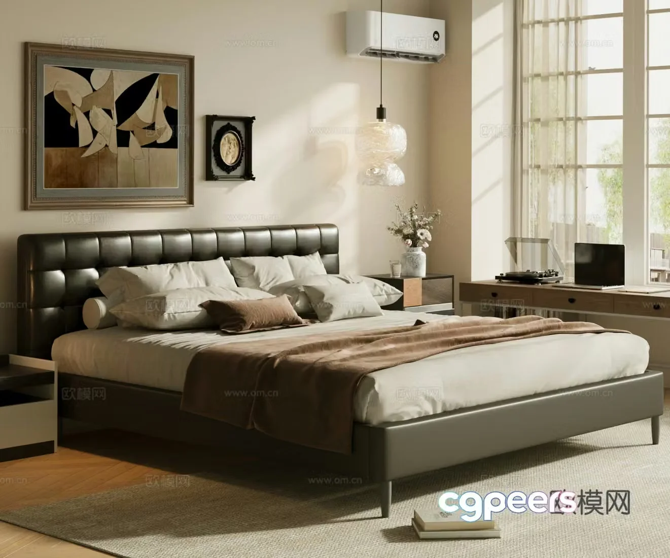 Middle-aged double bed Black leather bed Leather bed Black bed Middle-aged master bedroom Master bedroom bed 3D model