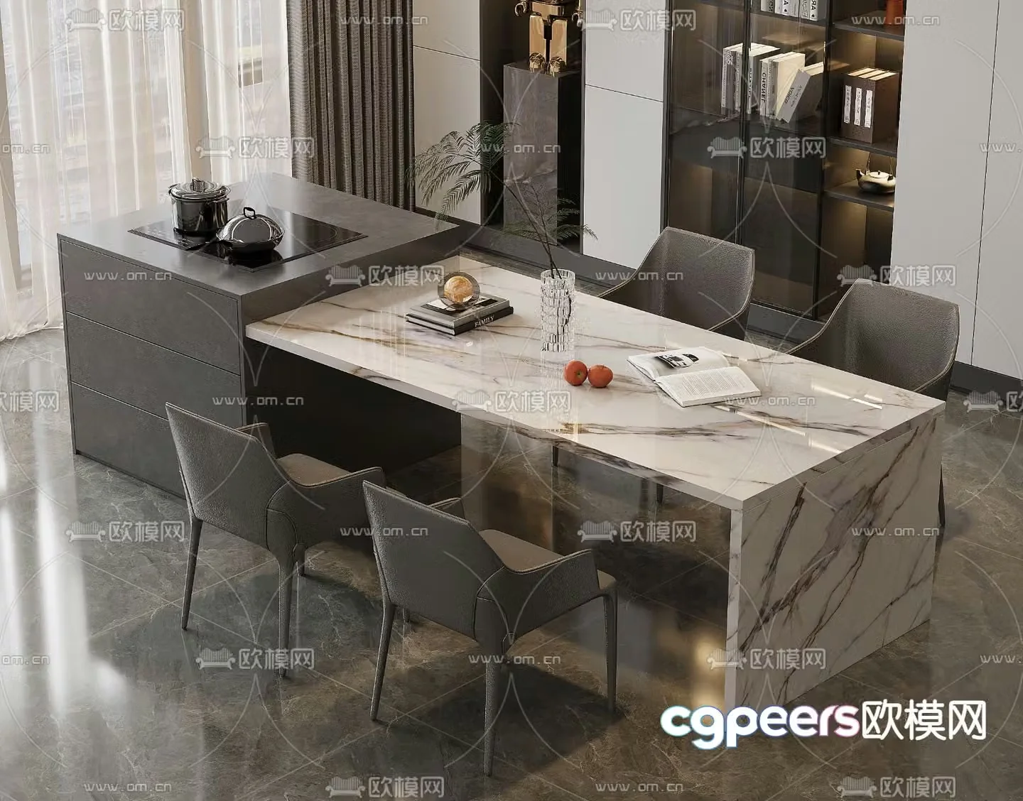 Island dining table and chairs 3d model