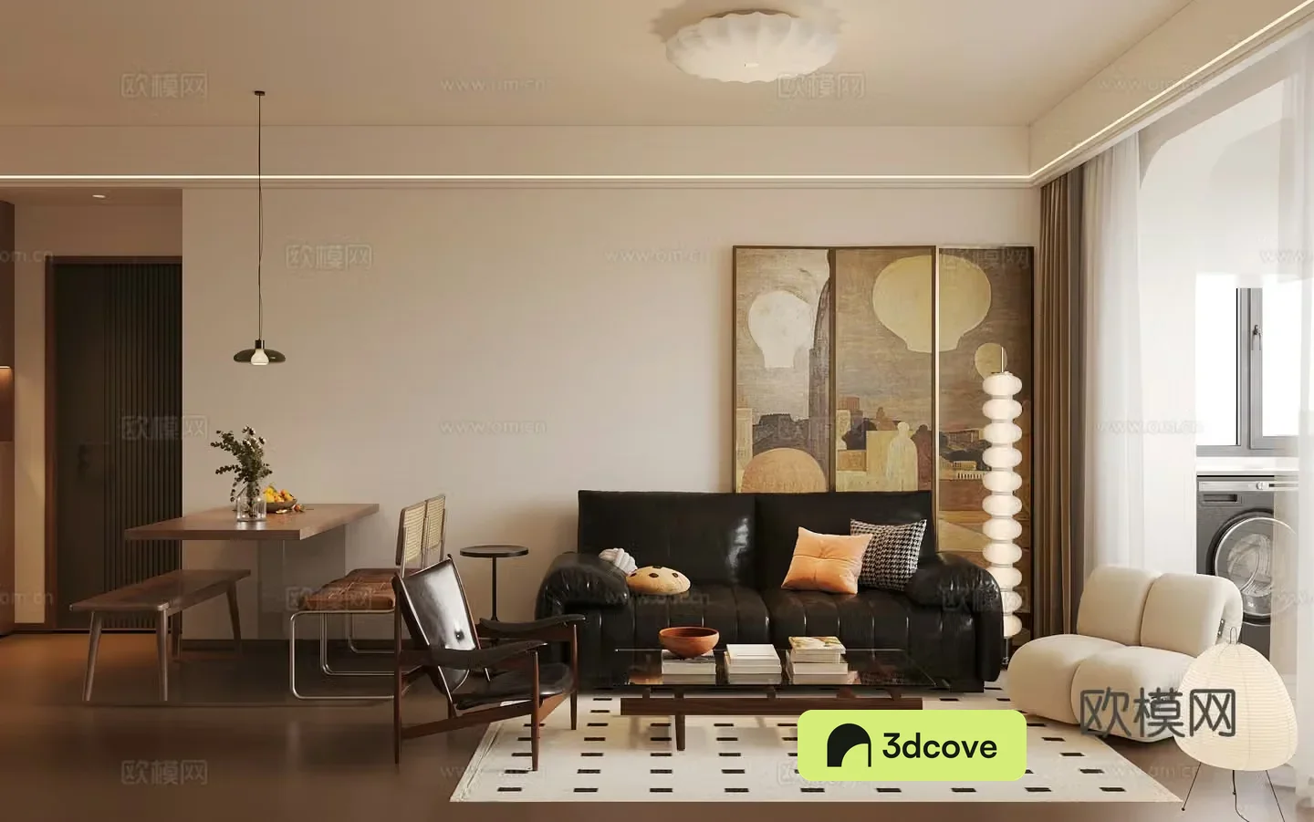 Middle style living room large flat floor living room sofa and coffee table combination middle style dining table and chair 3D model