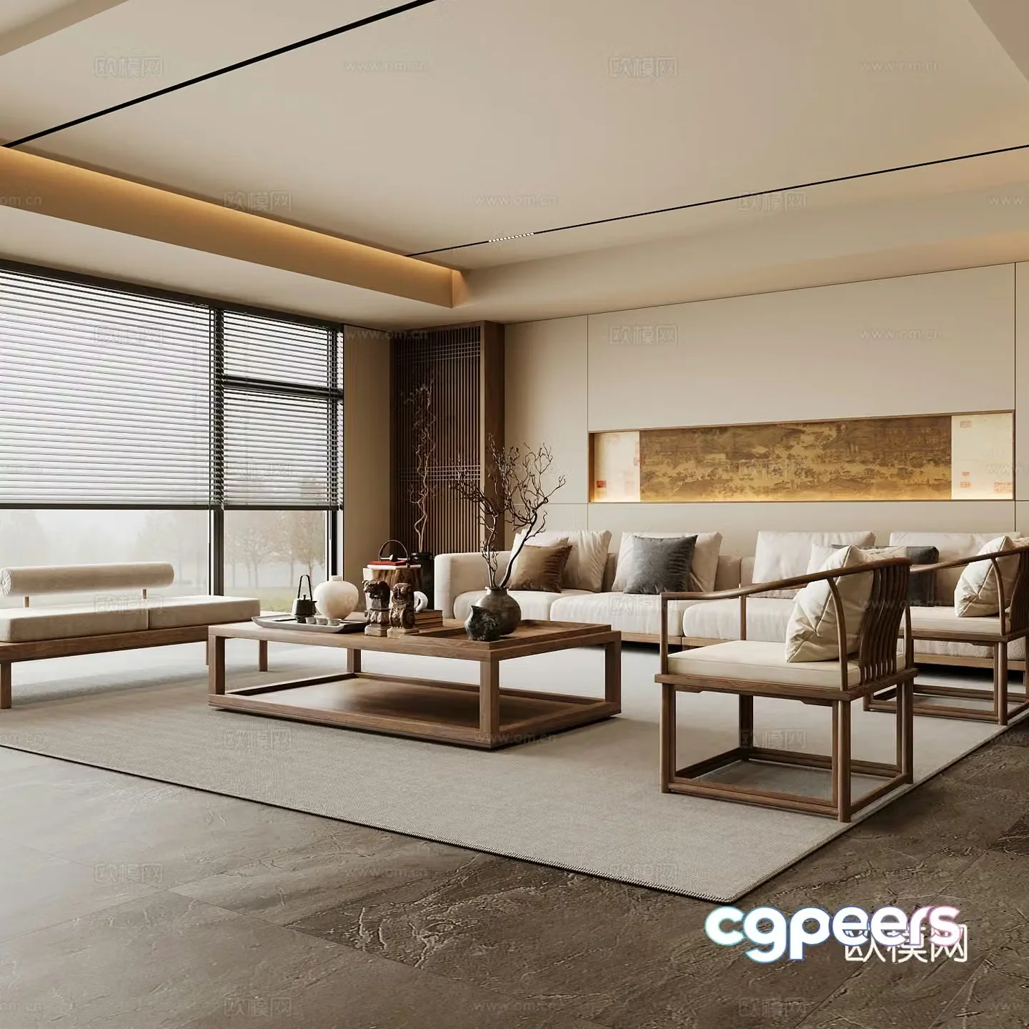 New Chinese Song style living room Chinese sofa combination Song style aesthetics Solid wood coffee table Chinese background 3D model