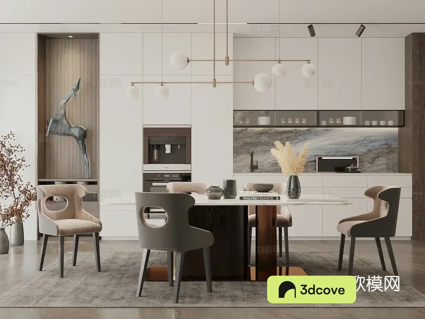 Creamy dining table and chair combination long table sideboard art ornaments restaurant chandeliers