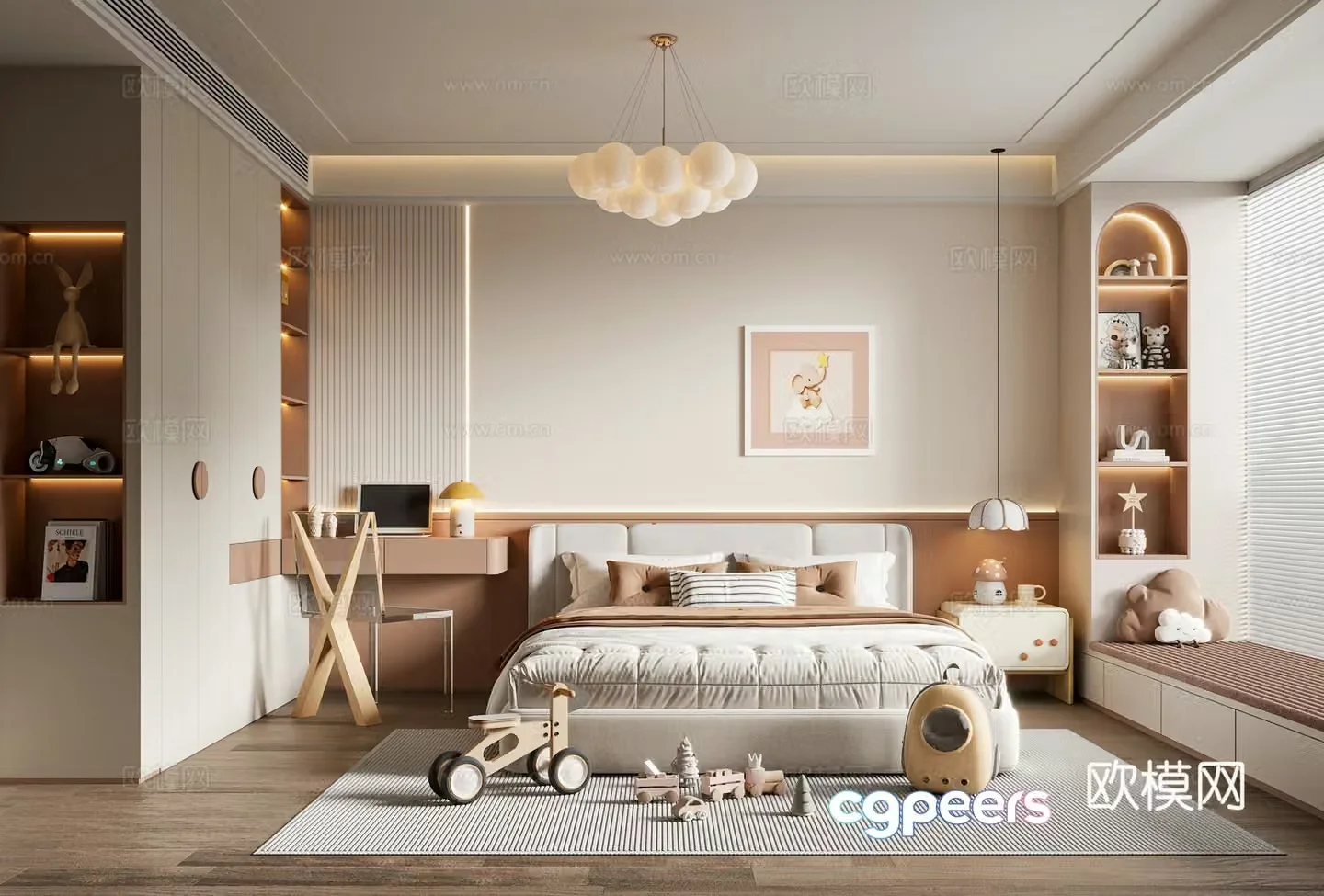 Modern creamy children’s room daughter’s room children’s double bed children’s wardrobe children’s desk and chair 3d model