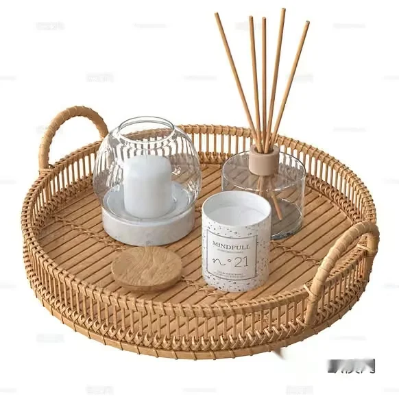 A Woven Tray With Candles And A Reed Diffuser 3D Model – 7389 – CORONA Render