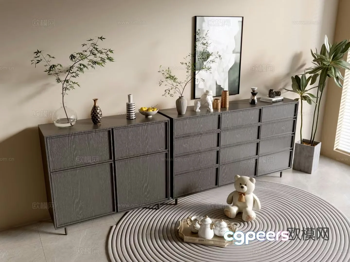 Modern black wood grain entrance cabinet drawer cabinet 3d model