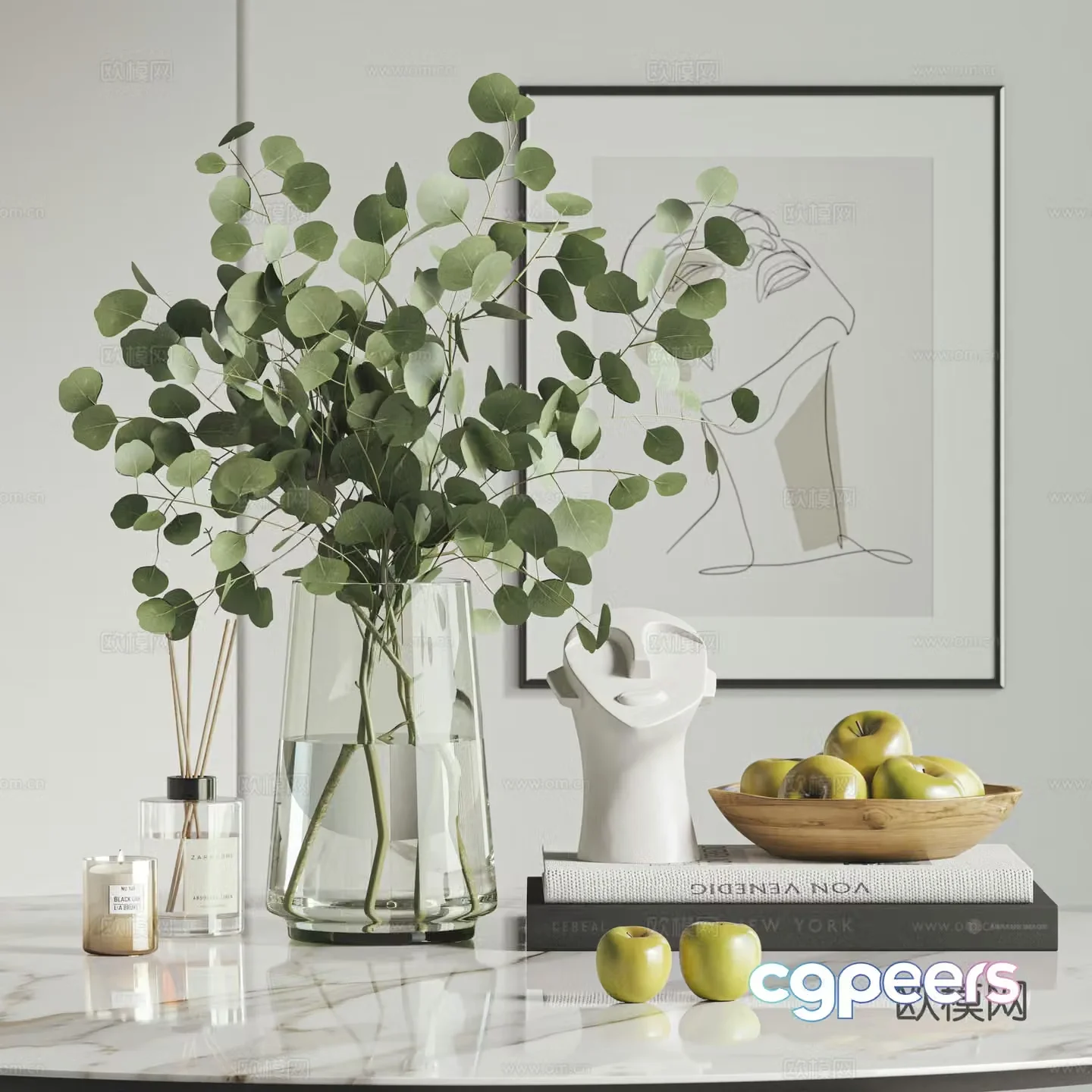 Modern ornament combination glass vase ucalyptus sculpture book 3d model
