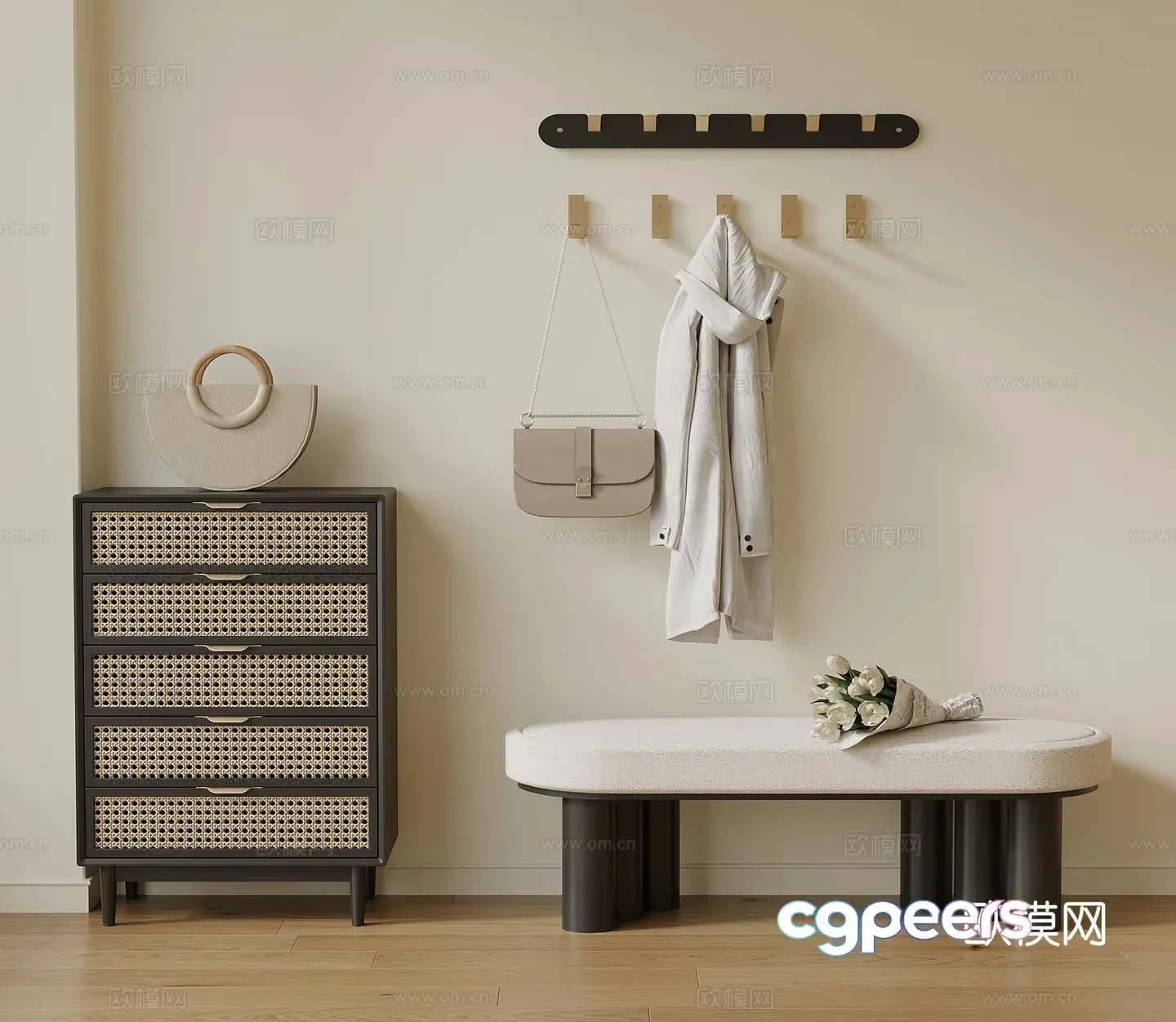 A Minimalist Hallway With A Bench And Coat Rack 3D Model – 19197 – VRAY Render