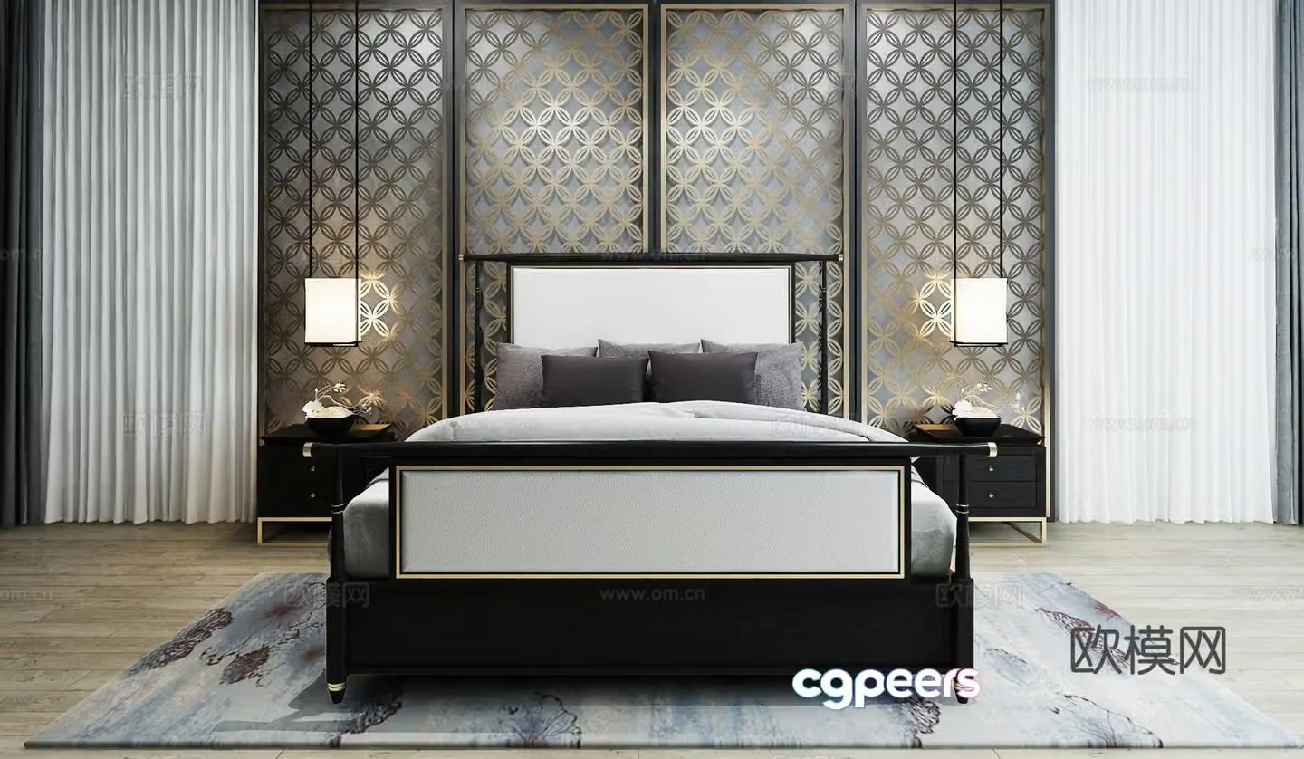 New Chinese double bed combination 3D model