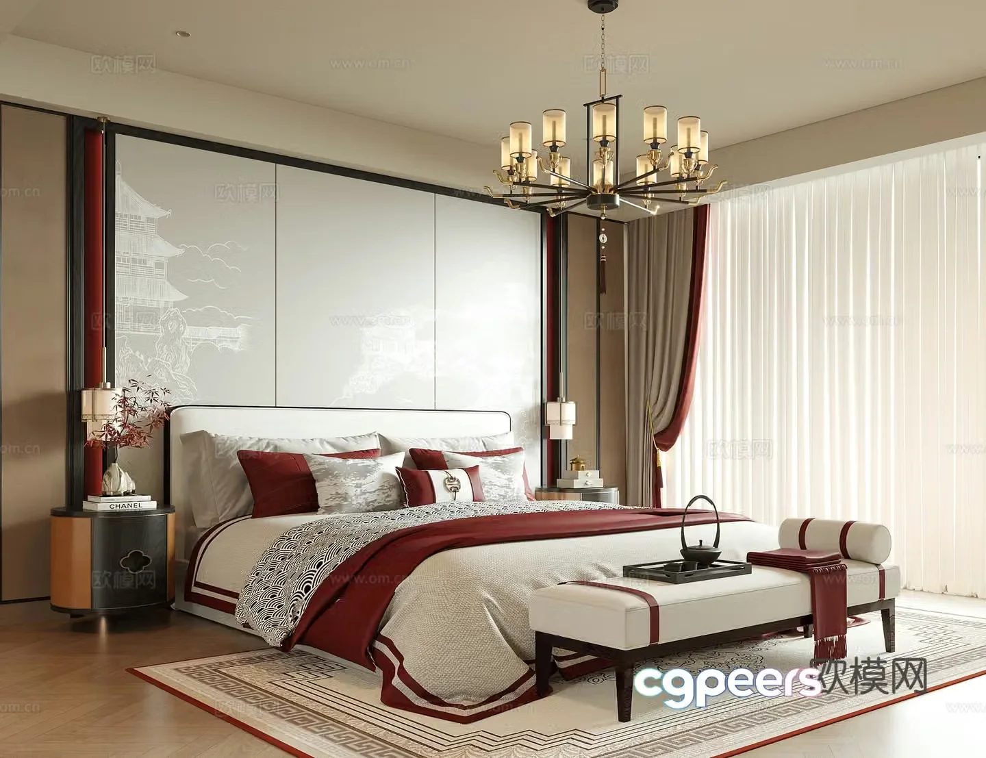 New Chinese style bedroom bedside stool bedside table carpet 3d model