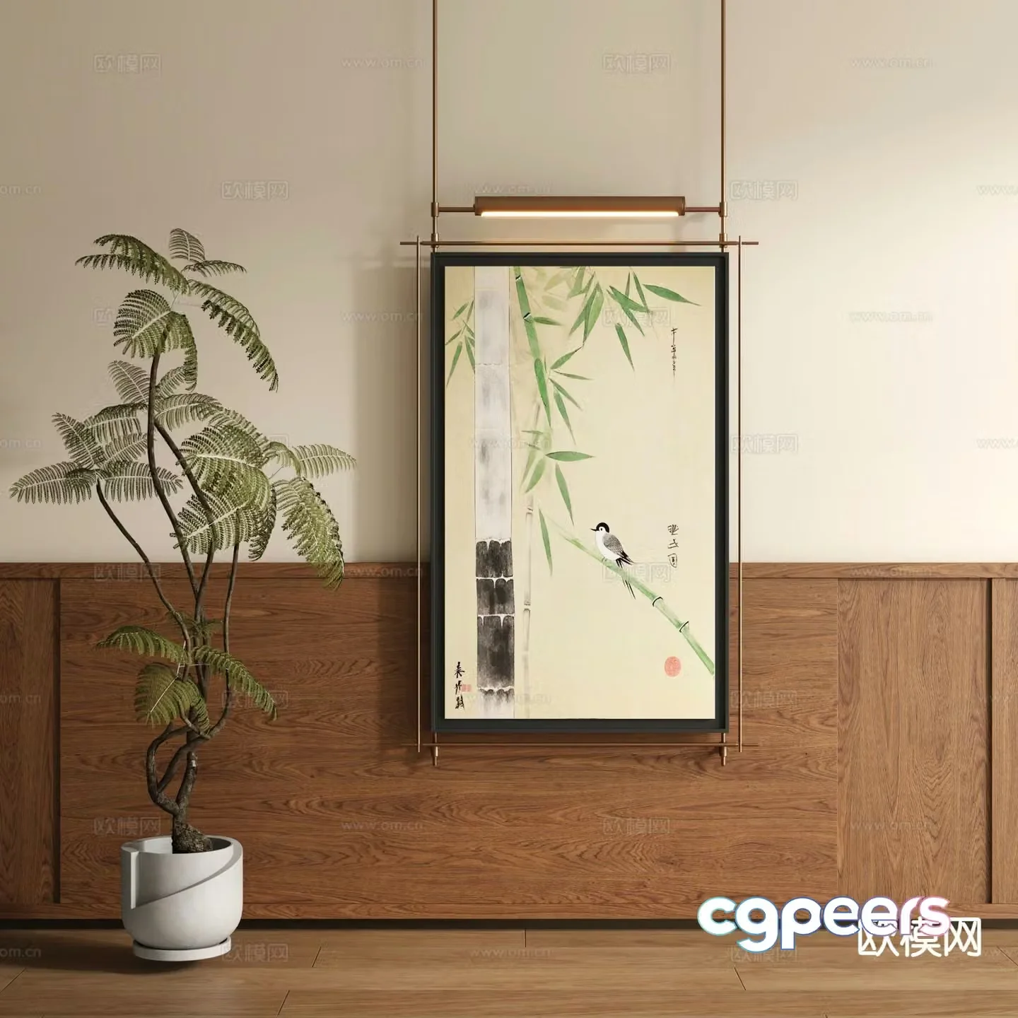 New Chinese style decorative painting metal pole hanging painting flower and bird painting 3D model