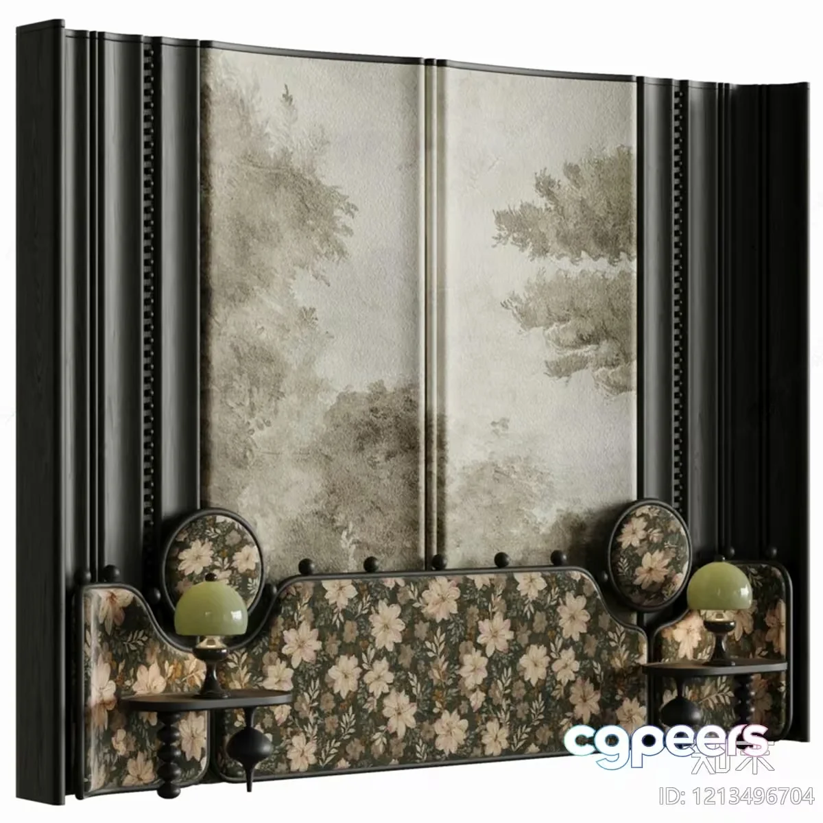 A Floral Headboard With Two Nightstands 3D Model – 9541 – VRAY Render