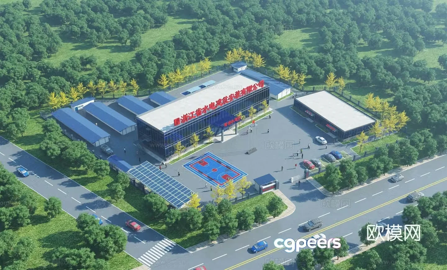 Aerial view 3d model of modern project department board house building