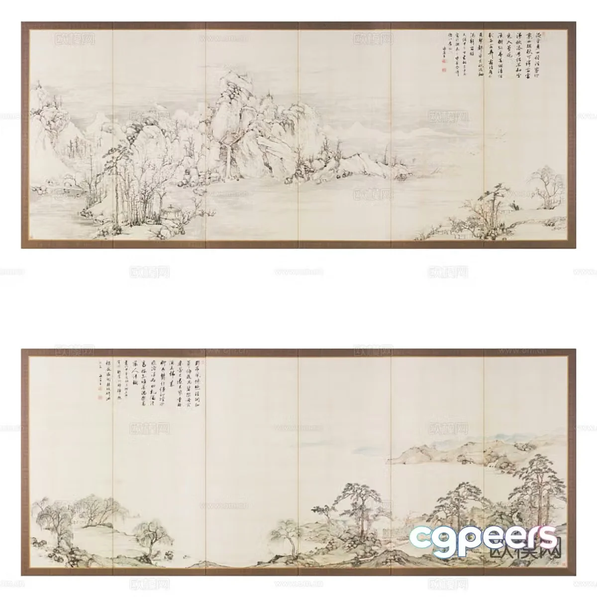 New Chinese style long strip decorative hanging painting 3D model